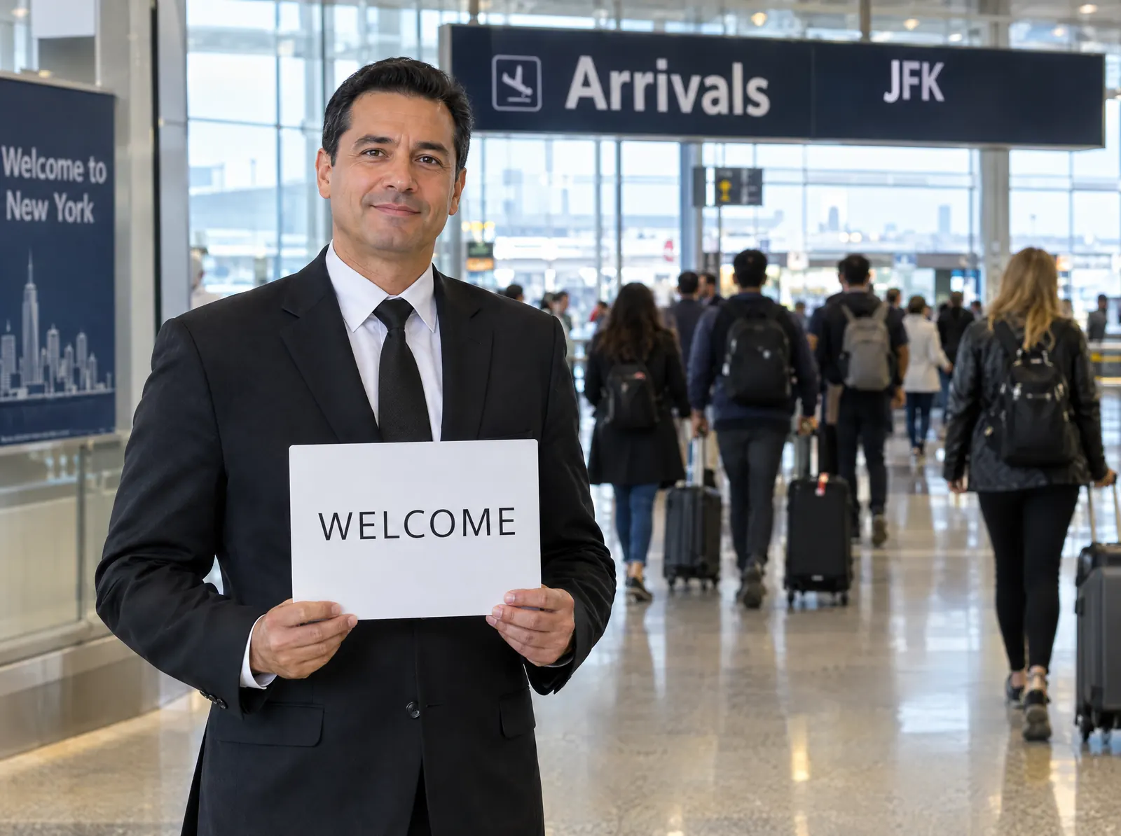 A chauffeur in a dark suit holding a welcome sign in an airport arrivals hall